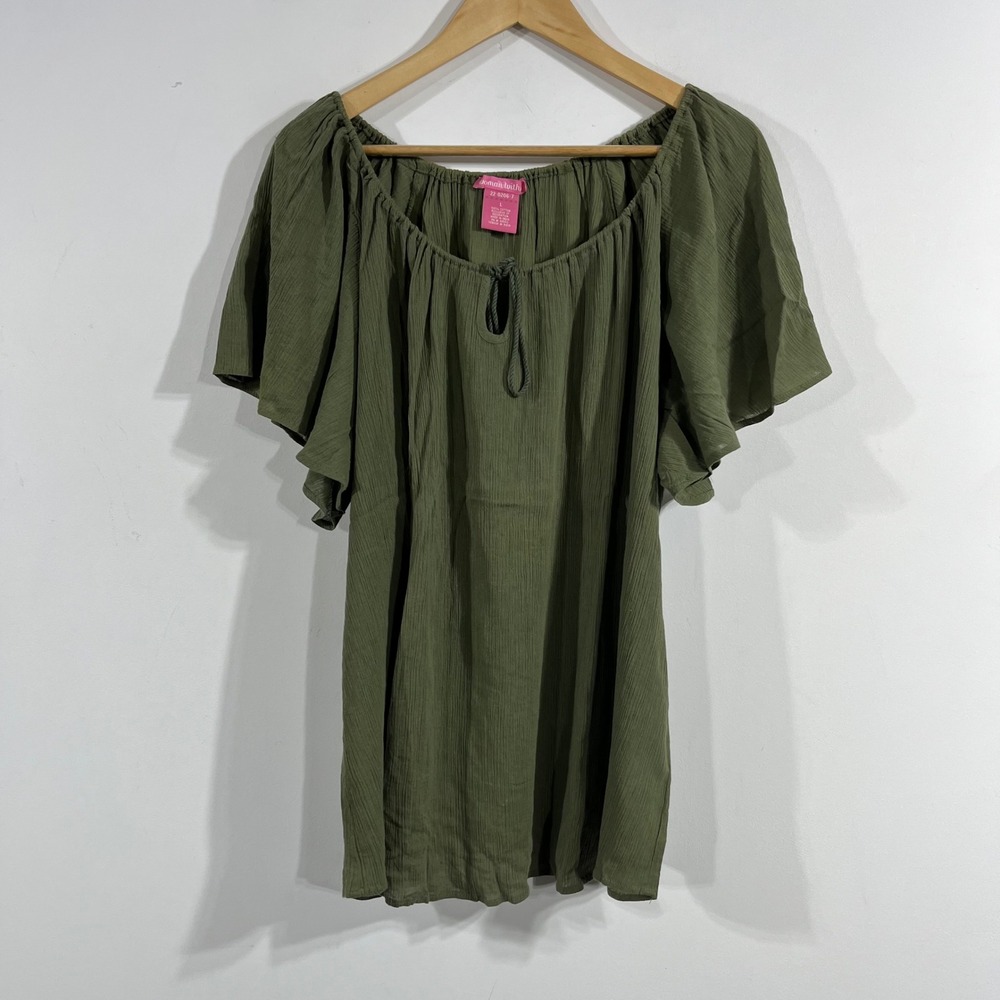 Woman Within Renfair Boho Olive Green Cotton Crinkle Gauze Peasant Top Large